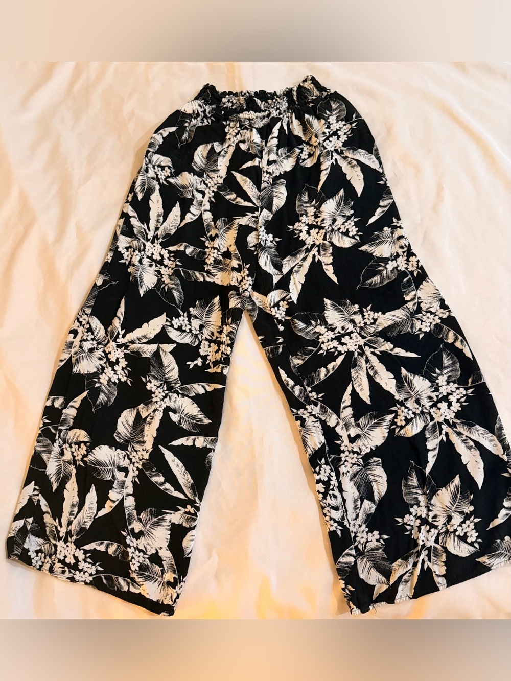 M Ami Black White Tropical Wide Leg Pants Elastic Waist Pockets Size M